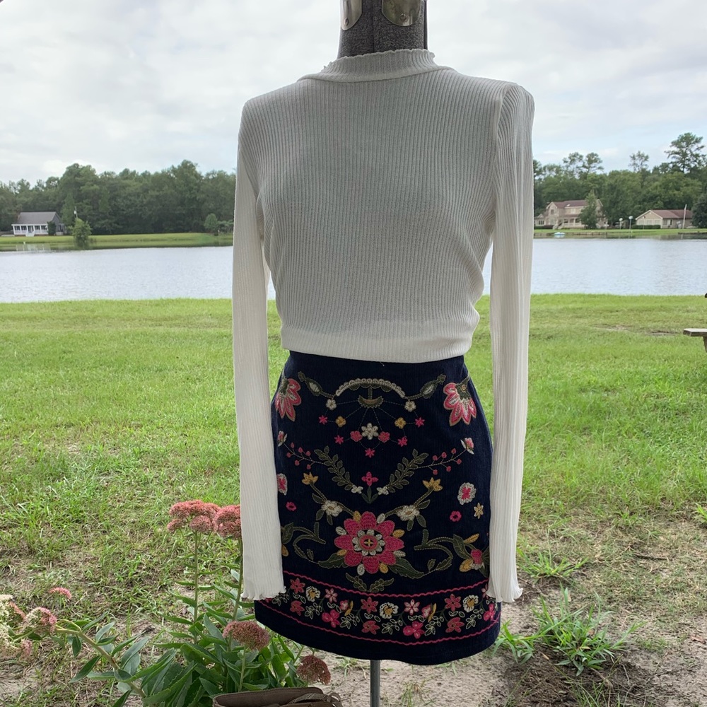 Anthropologie Corduroy Embroidered Skirt